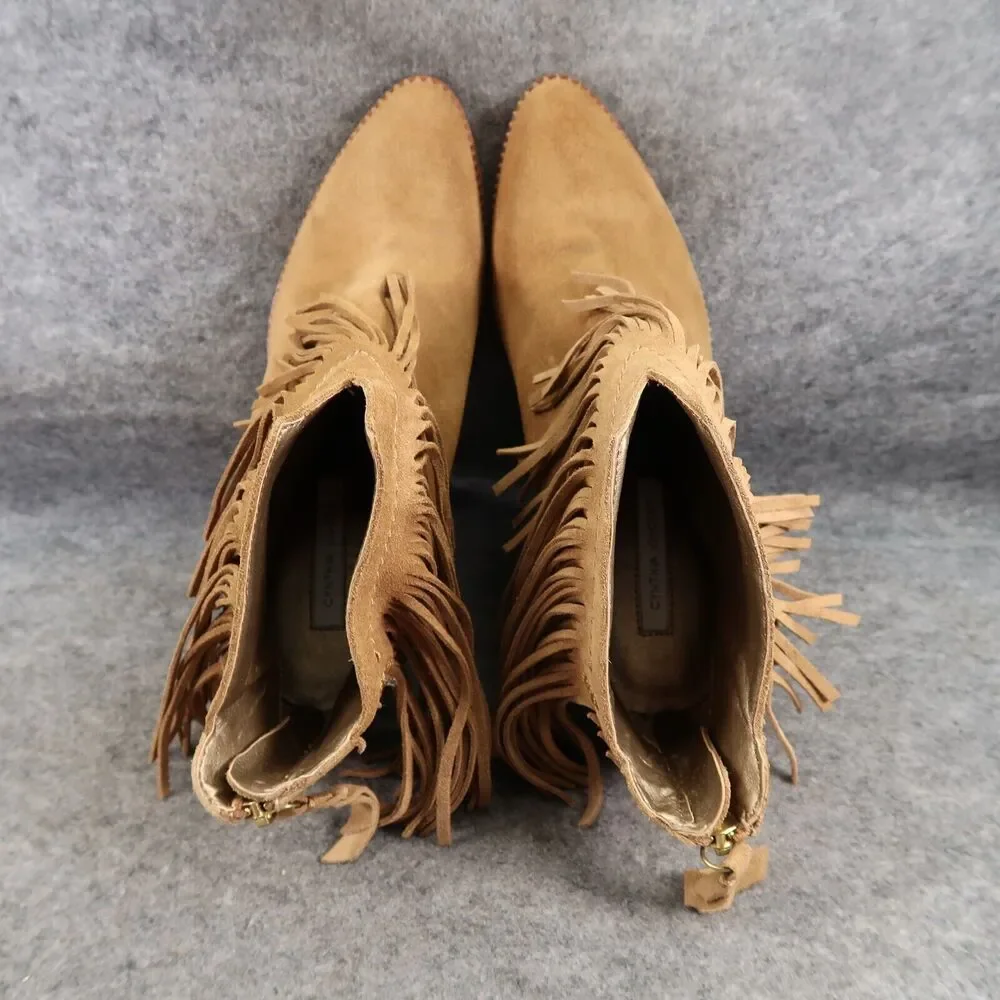 Cynthia Vincent Shoes Womens 9 Booties Fringe Leather Block Heel Fashion Western